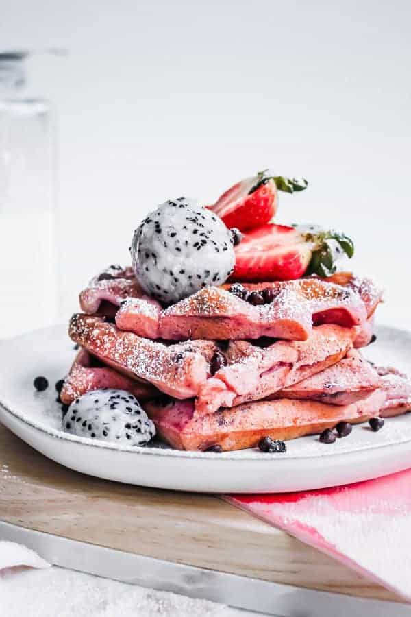 pink dragonfruit chocolate chip waffles