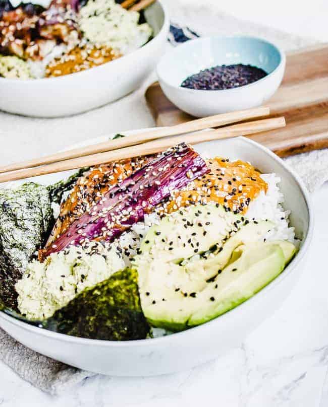miso eggplant sushi bowls