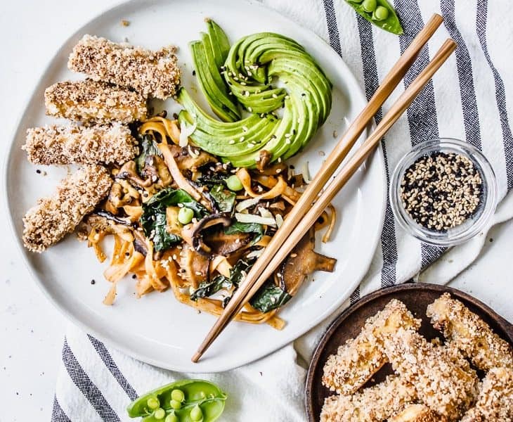 Curried Shiitake + Kale Noodle Bowls with Panko Crusted Tofu