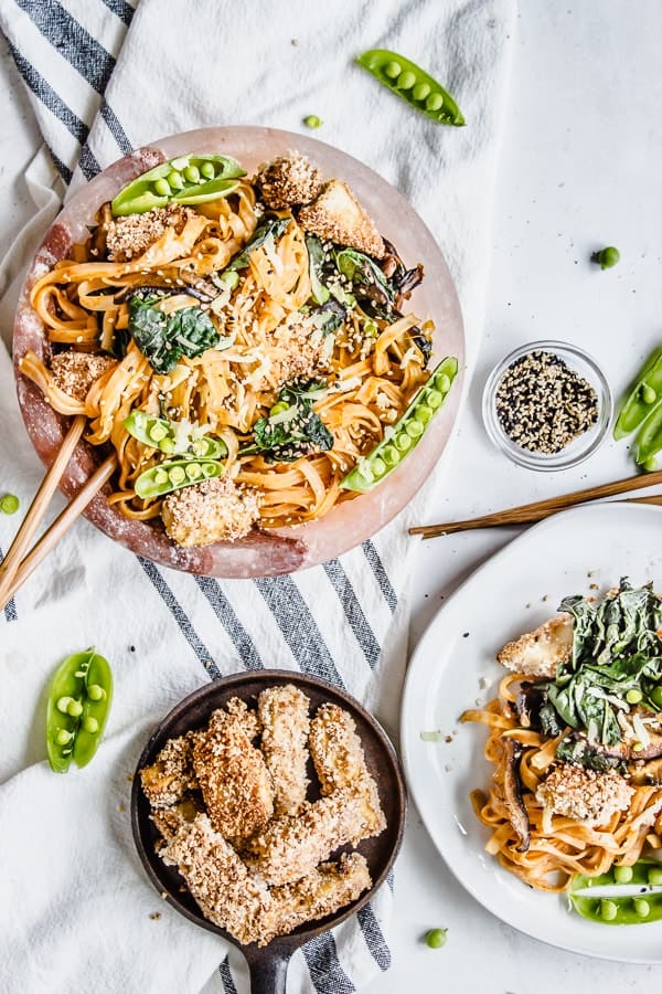 Curried Shiitake + Kale Noodle Bowls with Panko Crusted Tofu