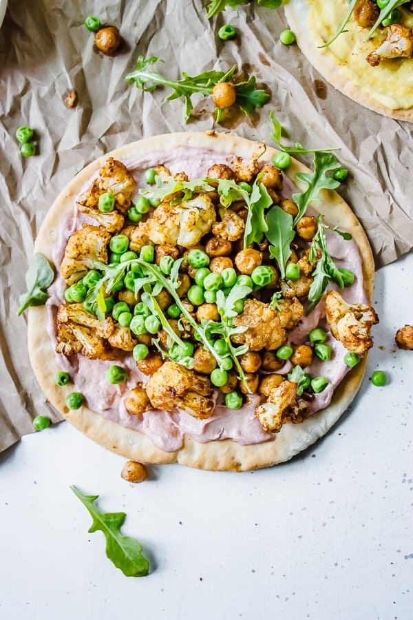 Tandoori Cauliflower Pita Flatbreads with Tahini Cumin "Yogurt"
