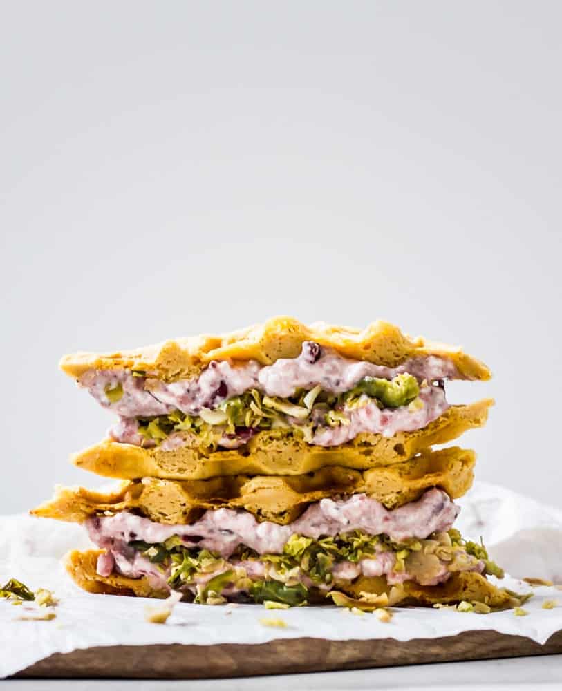 Cranberry and Brussels sweet potato waffle sandwiches
