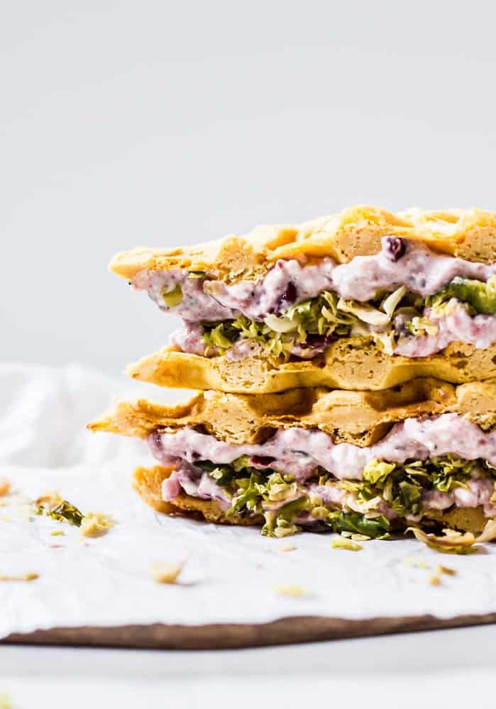 Cranberry and Brussels sweet potato waffle sandwiches