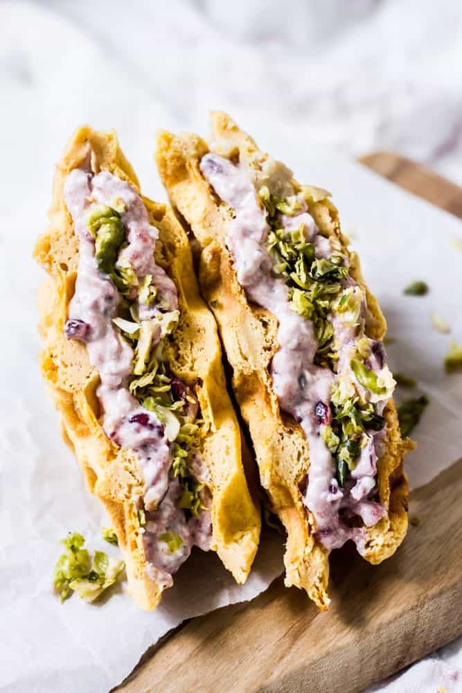 Cranberry and Brussels sweet potato waffle sandwiches
