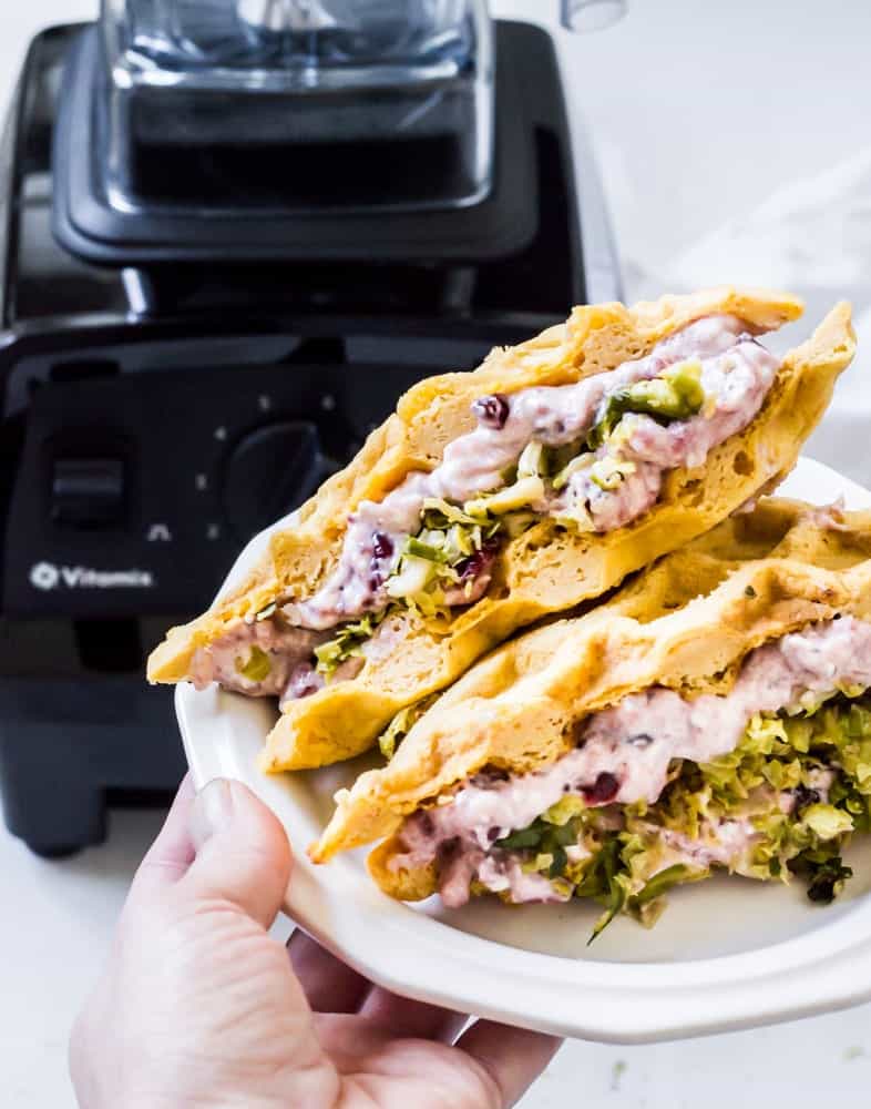 Cranberry and Brussels sweet potato waffle sandwiches