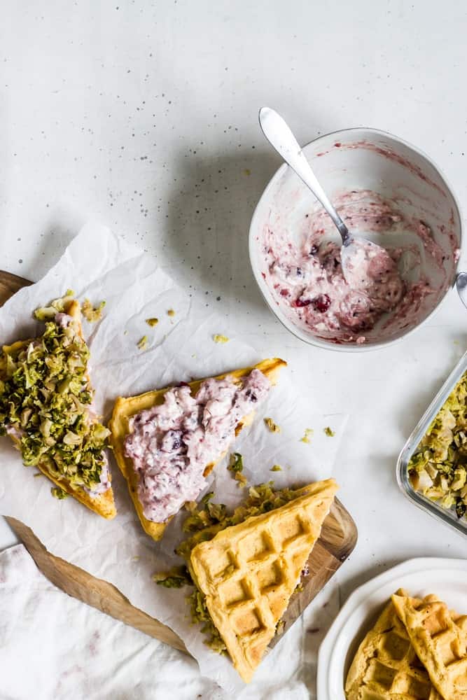 Cranberry and Brussels sweet potato waffle sandwiches