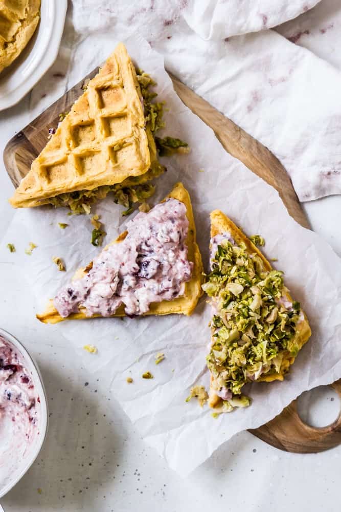 Cranberry and Brussels sweet potato waffle sandwiches