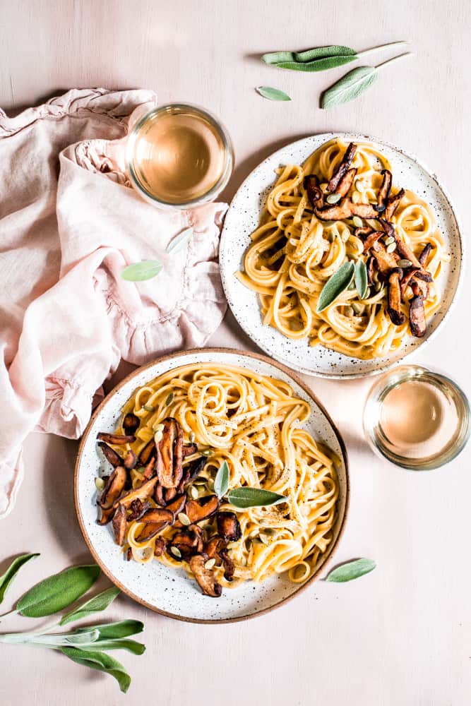 vegan pumpkin carbonara with shiitake bacon
