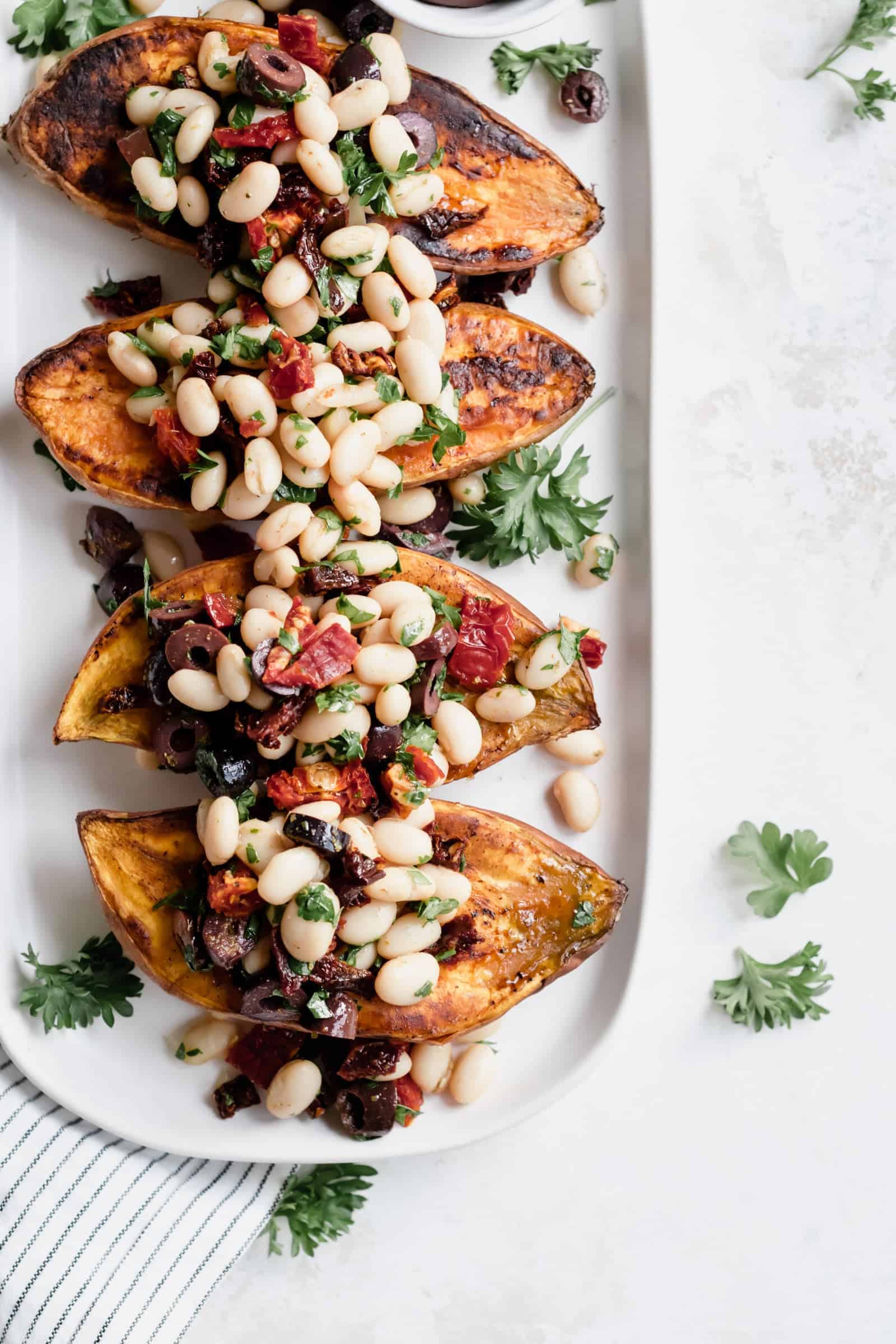 Mediterranean White Bean Stuffed Sweet Potatoes