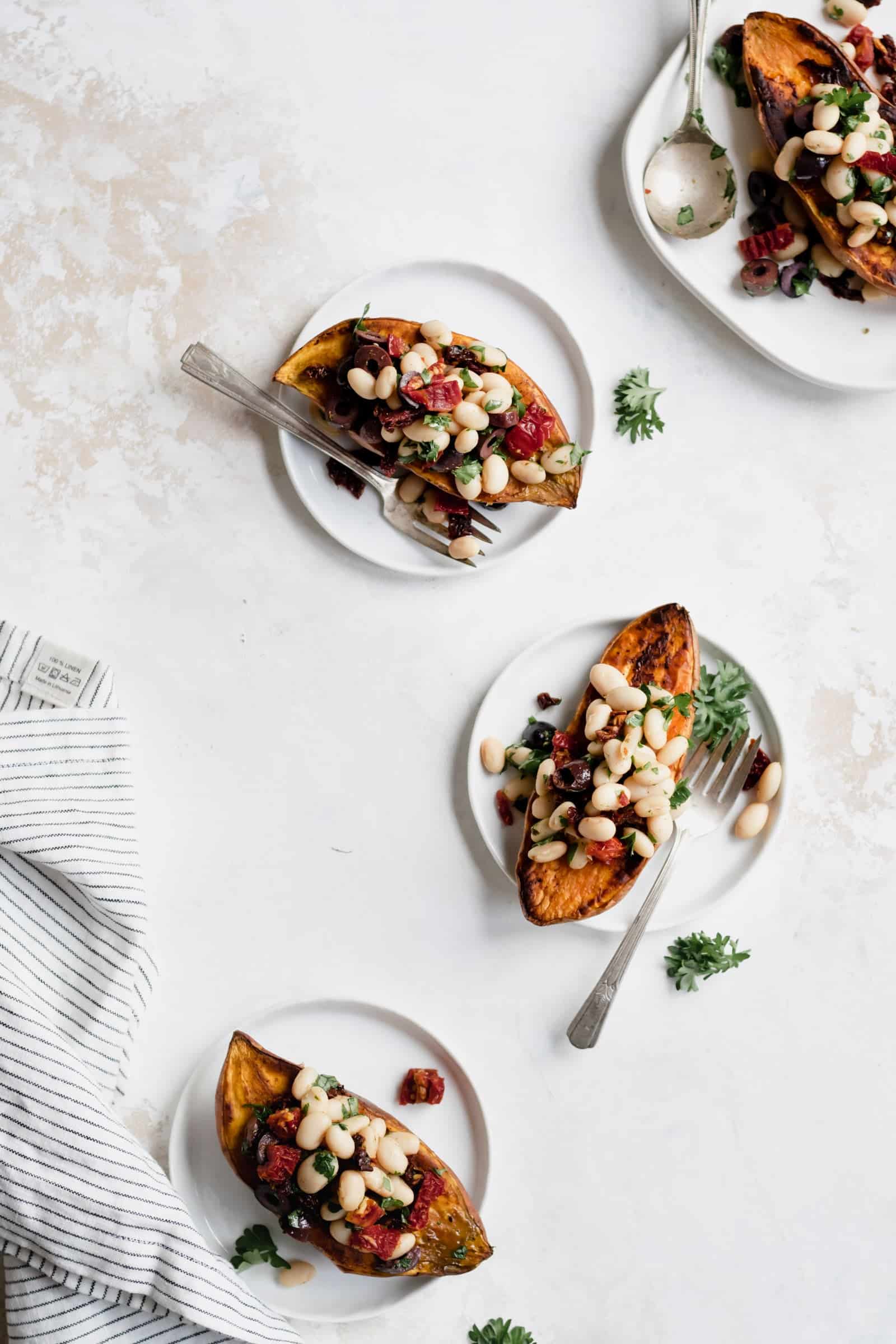 Mediterranean White Bean Stuffed Sweet Potatoes