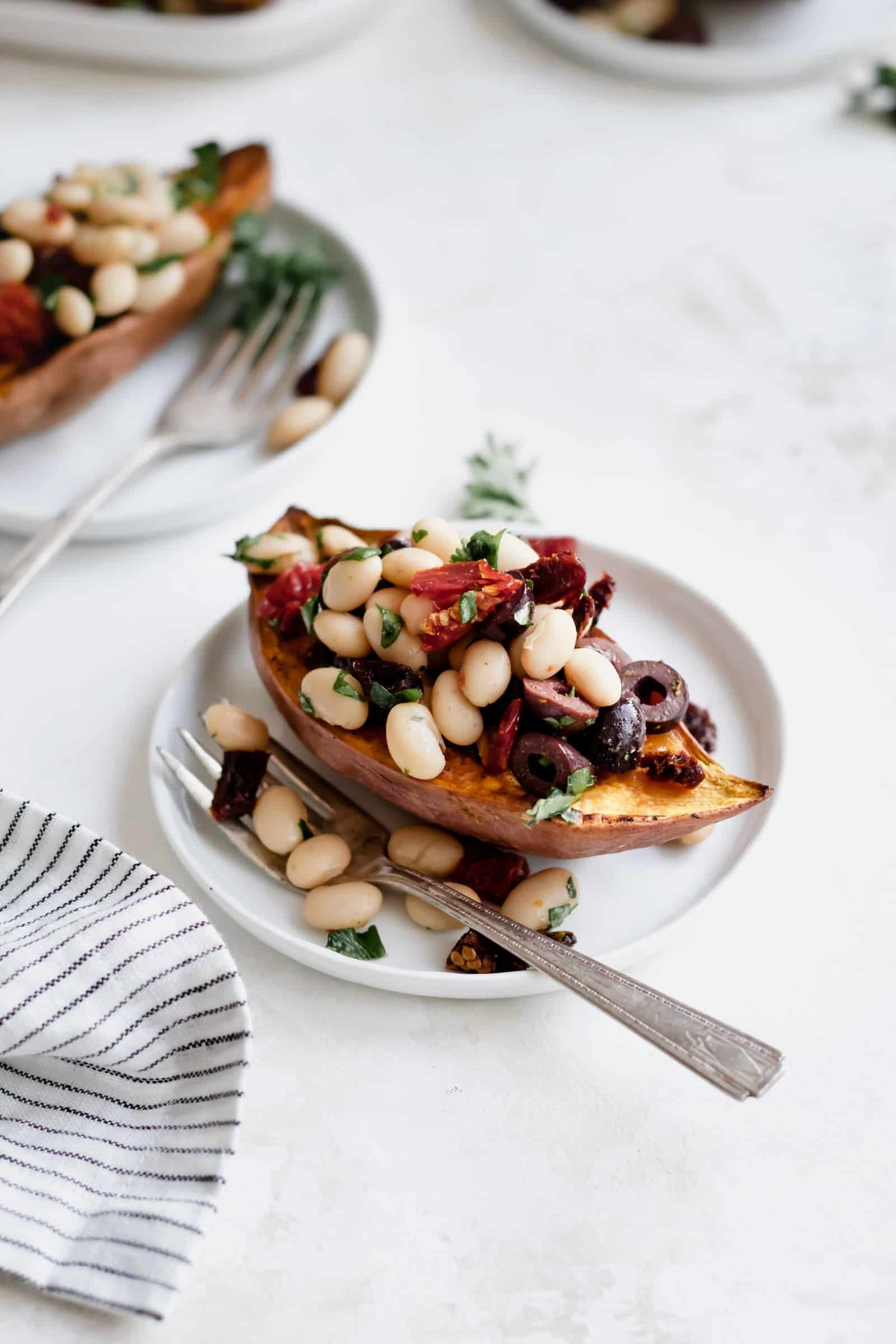 Mediterranean White Bean Stuffed Sweet Potatoes