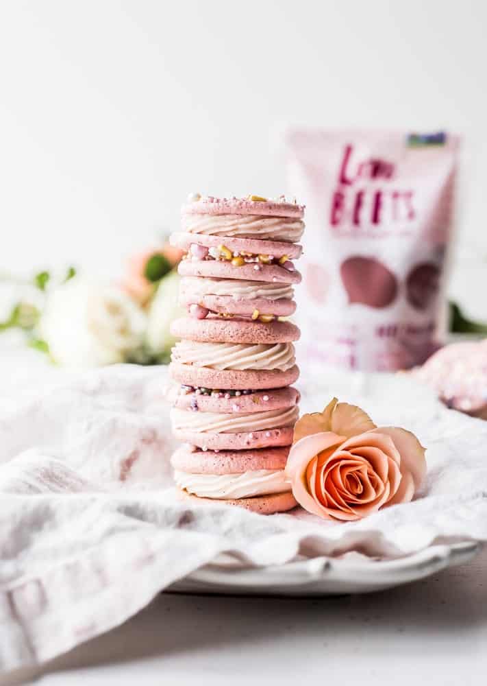 Beet + blood orange macarons