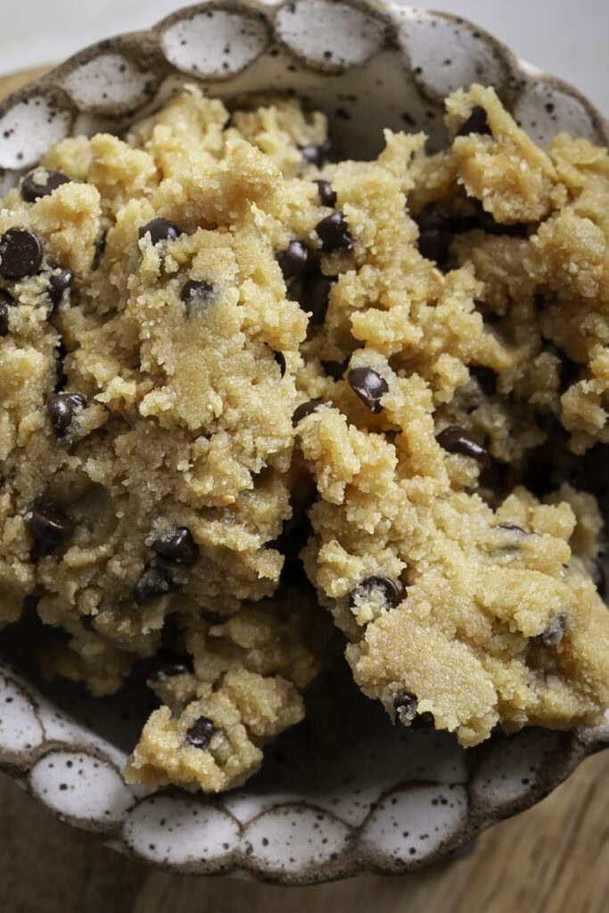 chocolate chip cookie dough in a bowl.