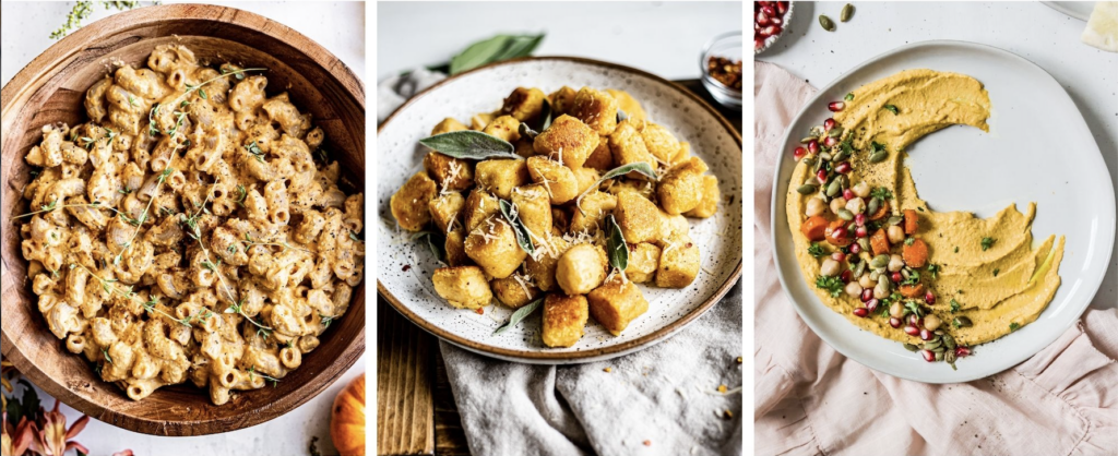 a collage of photos including pumpkin Mac and cheese, butternut squash gnocchi, roasted carrot hummus