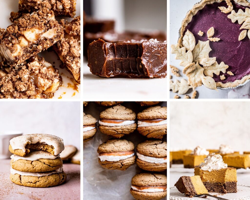 collage of thanksgiving desserts to include caramel apple crumb bars, pumpkin spice chocolate fudge, purple sweet potato pie, soft pumpkin cookies, apple butter whoopie pies, pumpkin cheesecake bars