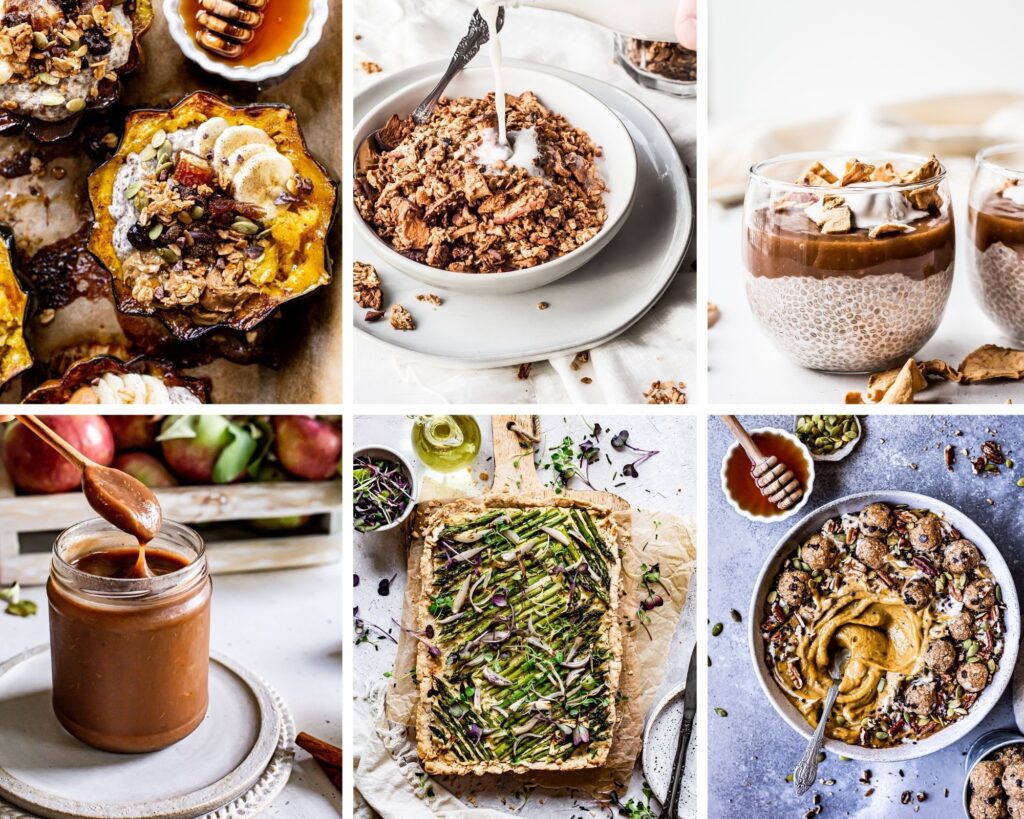 collage of seasonal breakfast dishes like acorn squash breakfast bowls, apple cinnamon pecan granola, caramel apple chia pudding, apple butter, asparagus shallot tart, pumpkin pie smoothie bowl