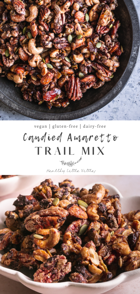 two photos of trail mix with the recipe title in the middle to share on Pinterest