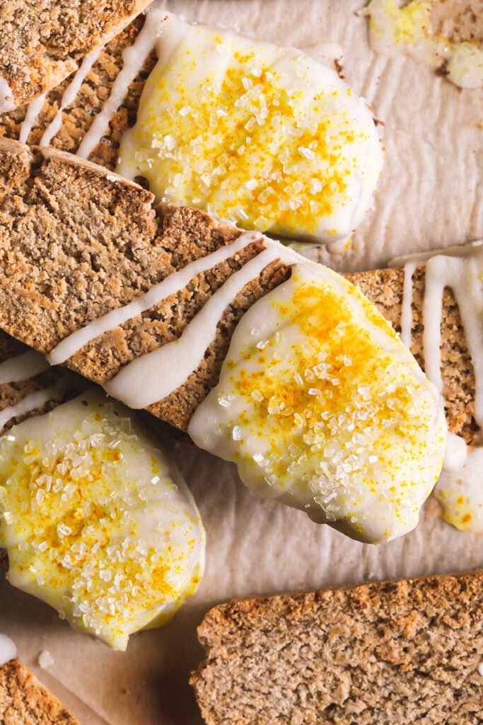 a close up overhead shot of lemon vanilla biscotti
