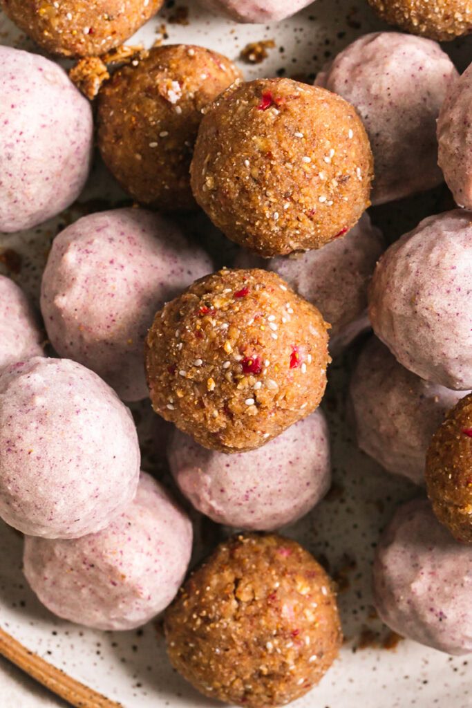 close up of strawberries and cream granola bites
