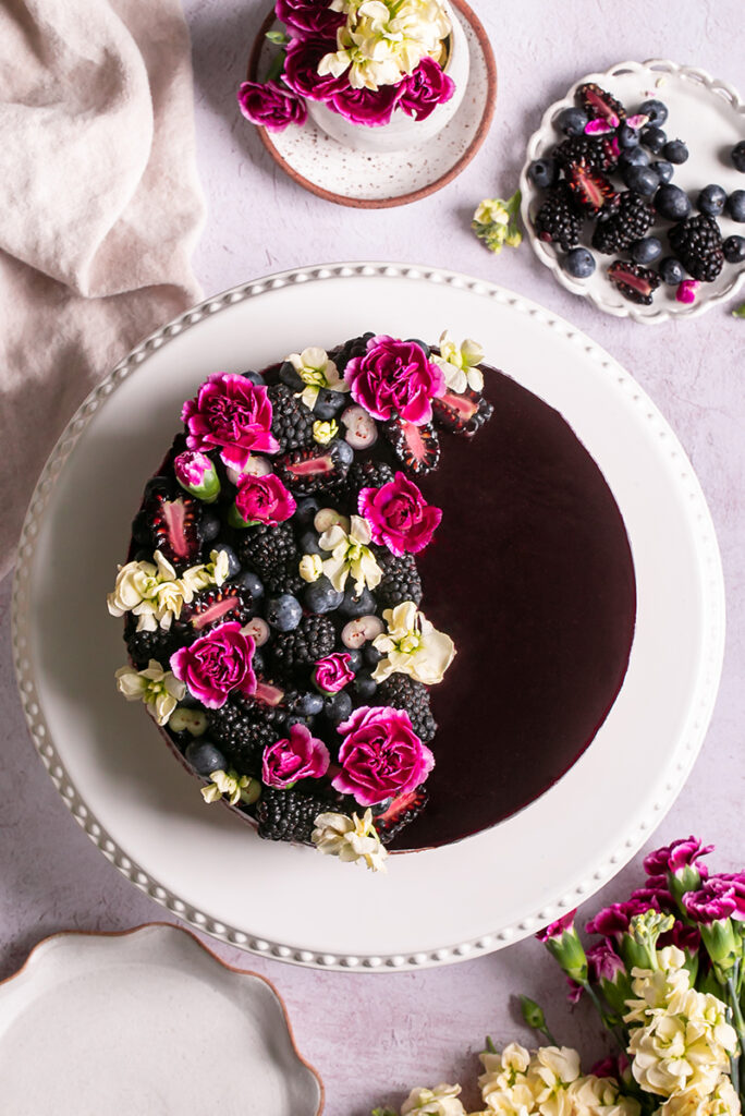unsliced haskap berry cheesecake flatlay