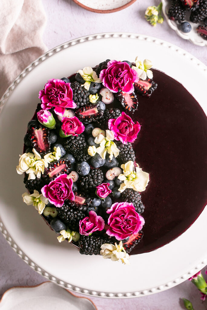 close up of unsliced haskap berry cheesecake