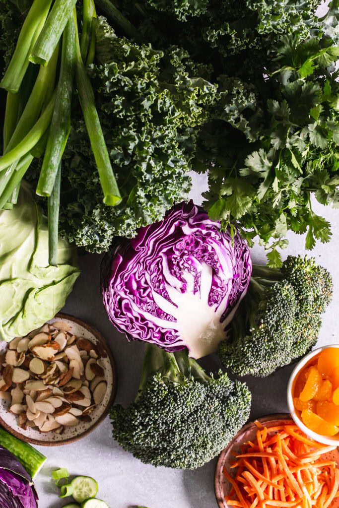 overhead photo of all of the fresh produce included in this Thai chopped salad recipe