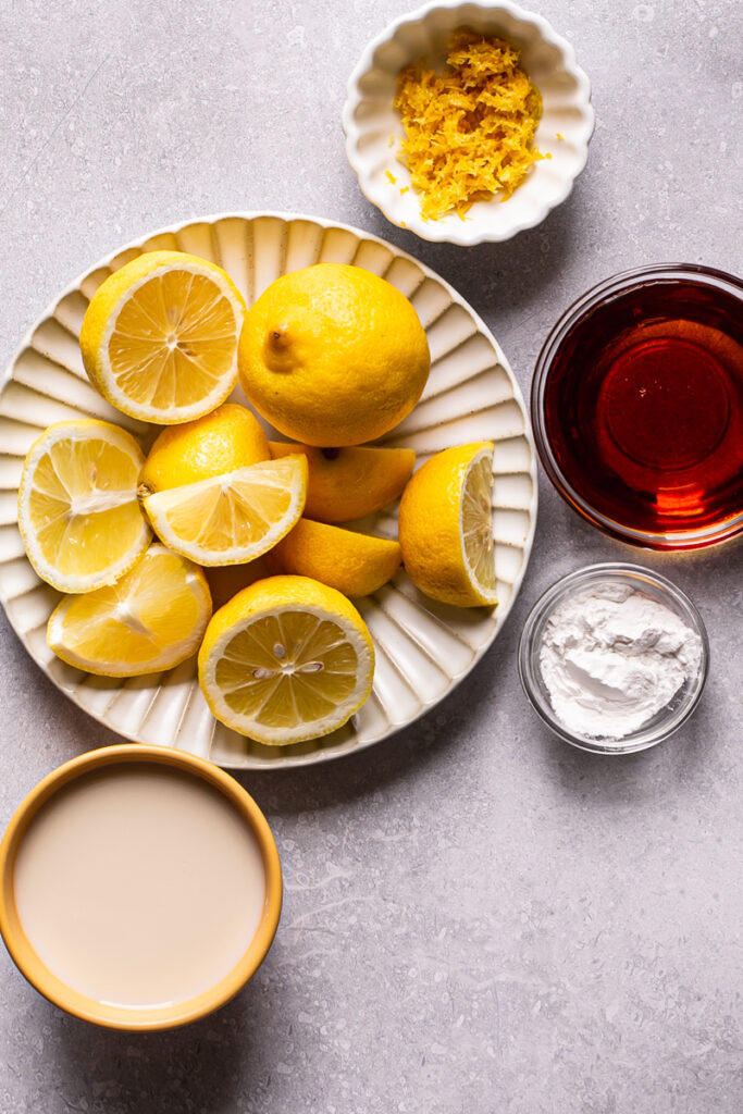all the ingredients to make easy vegan lemon curd.