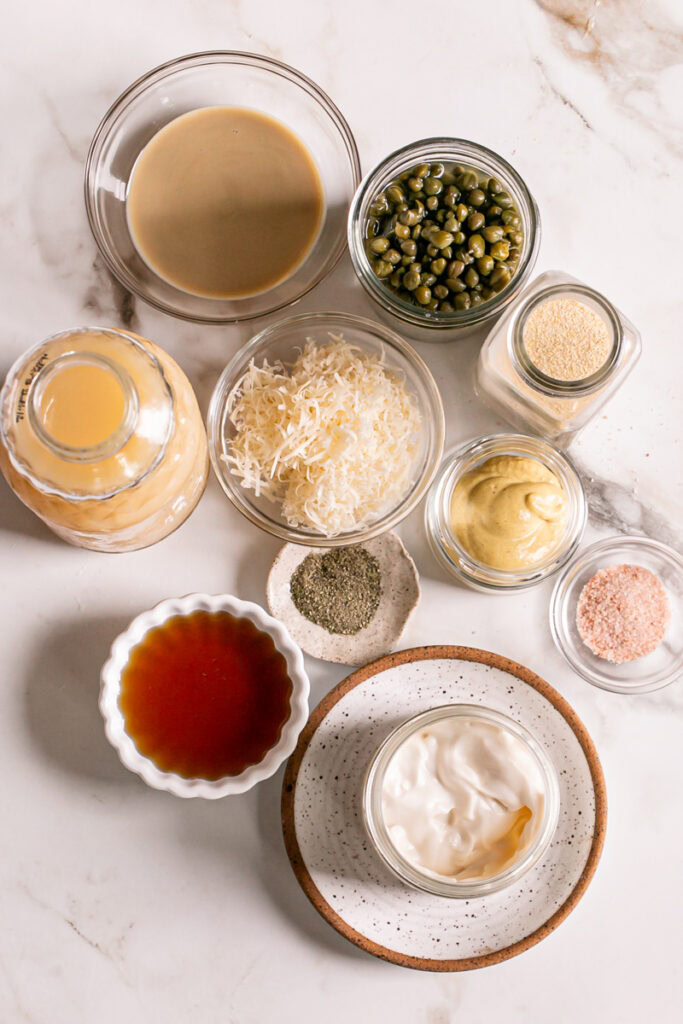 overhead shot of all the ingredients used to make this caesar dressing