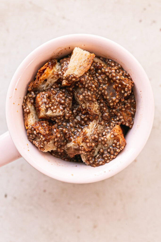 overhead shot of uncooked French toast in a mug