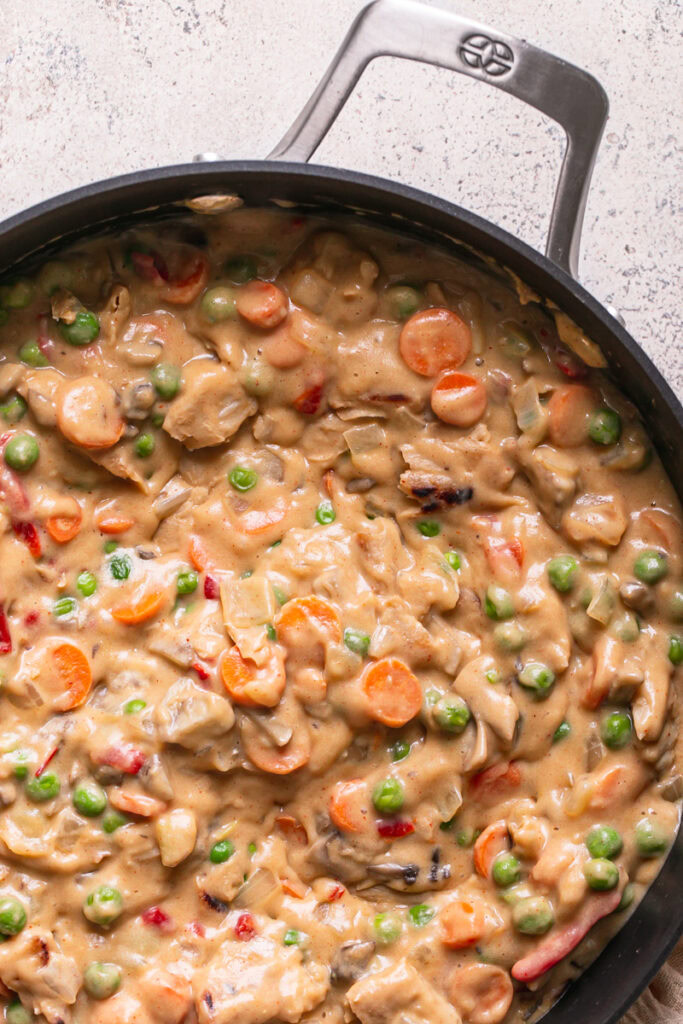 vegan chicken pot pie filling in a skillet