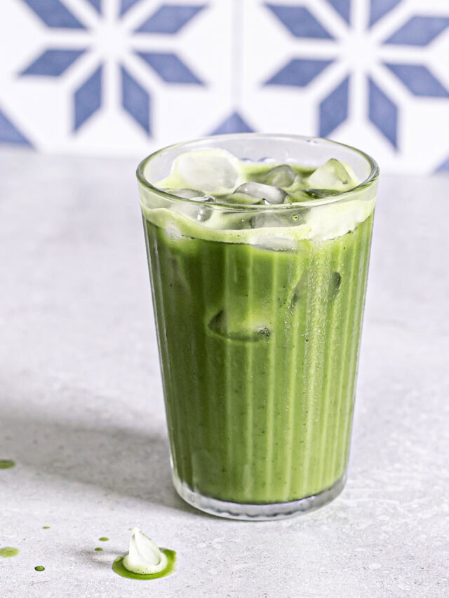 a glass of iced matcha latte