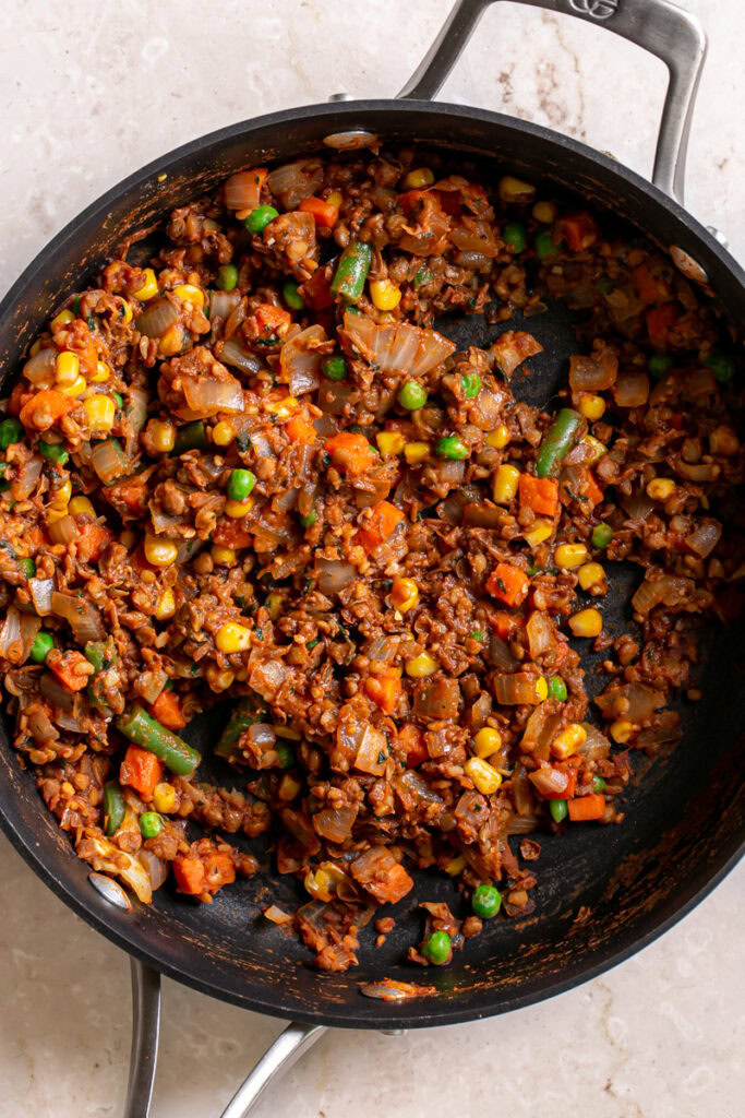 lentil shepherd's pie filling in a skillet