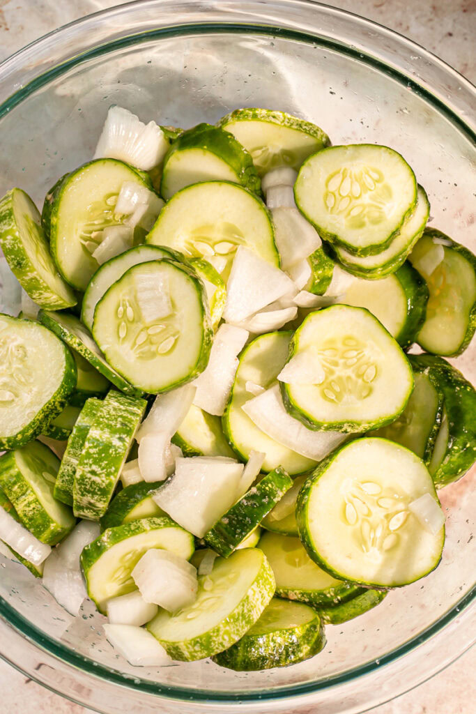 a bowl of sliced cucumber and onion