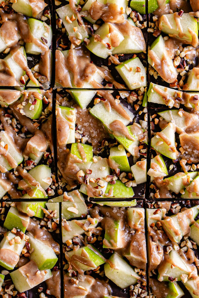 close up of caramel apple date bark