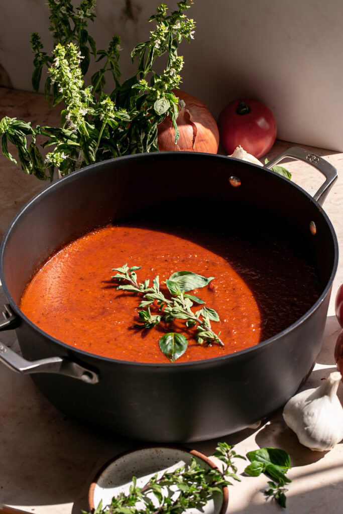 a pot of Caramelized Onion and Garlic Roasted Tomato Sauce with fresh basil, onion, oregano, and tomatoes surrounding it