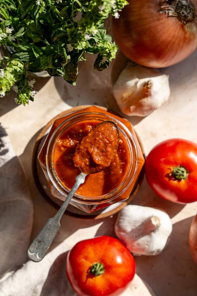 an overhead shot of a jar of pasta sauce with a spoonful of sauce resting on the mouth of the jar, surrounded by fresh tomatoes, onion, garlic, and basil