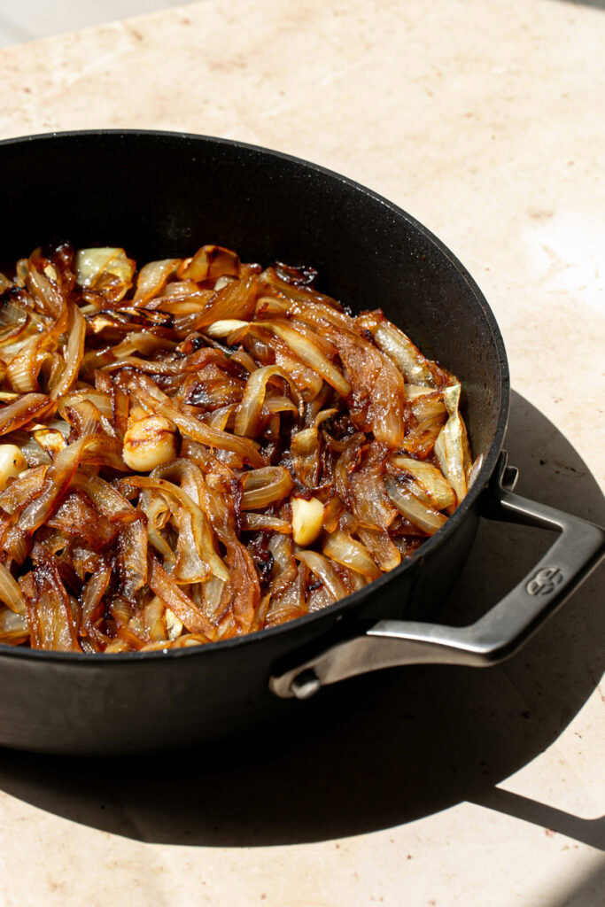 a skillet of caramelized onions and garlic