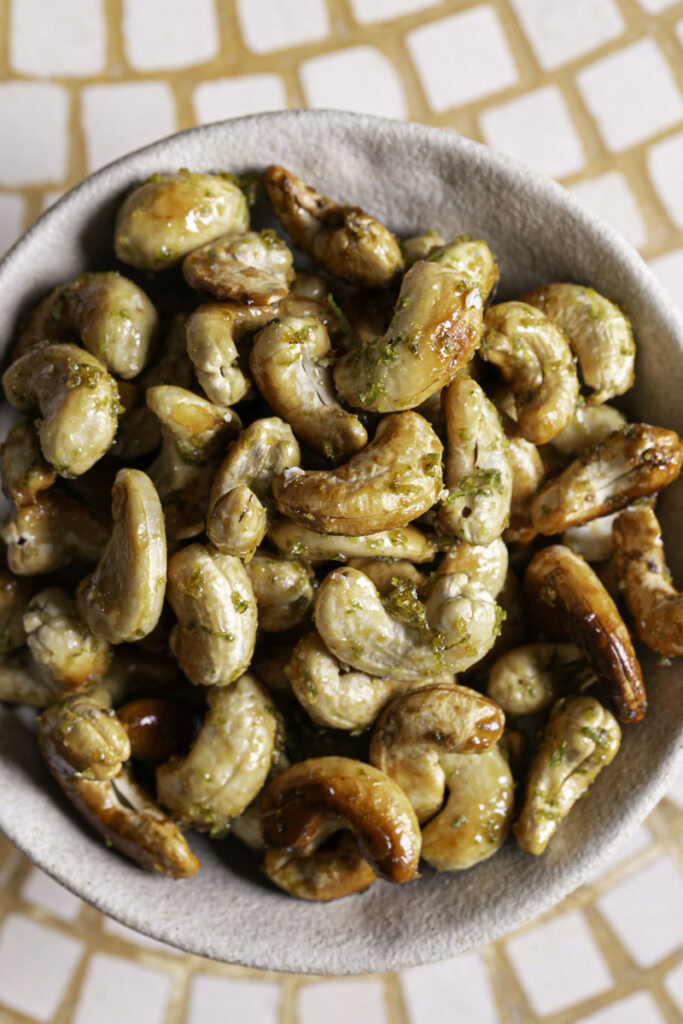 overhead photo of Agave Lime Roasted Cashews in a bowl.
