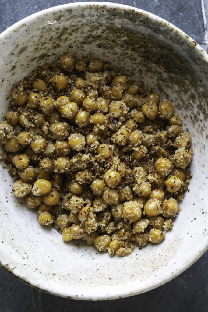 crispy chickpea croutons in a bowl.