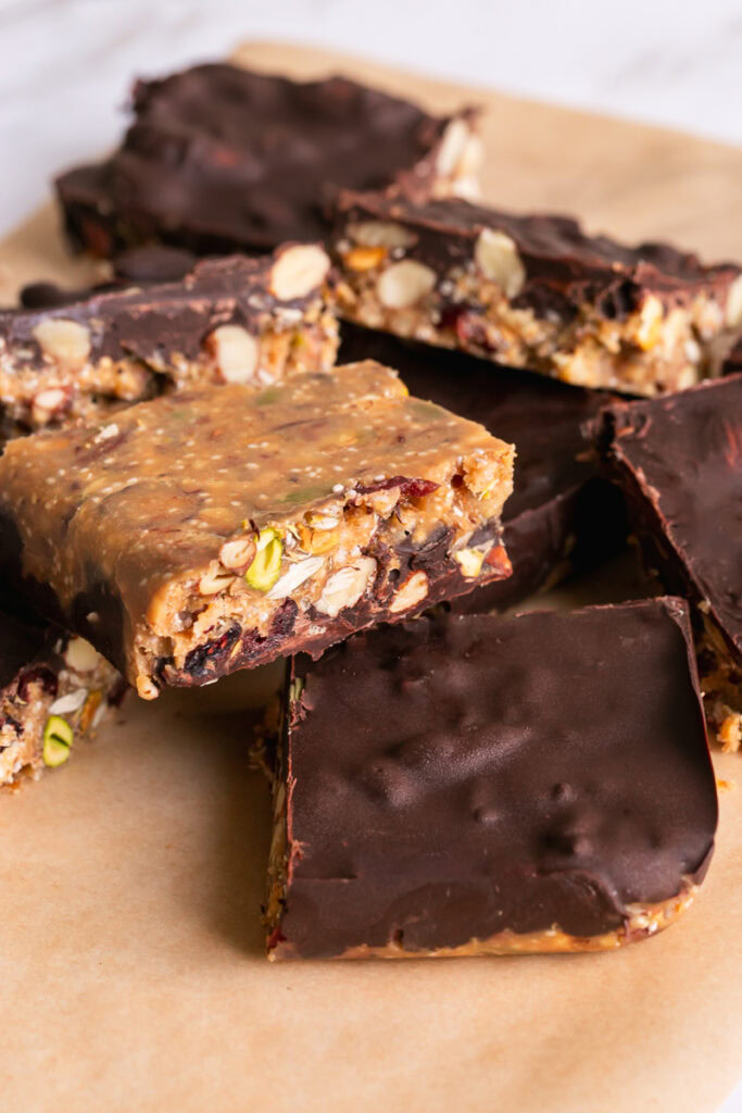 trail mix bars piled on top of one another.