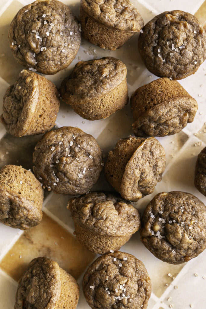 overhead shot of mini apple cider banana bread muffins.