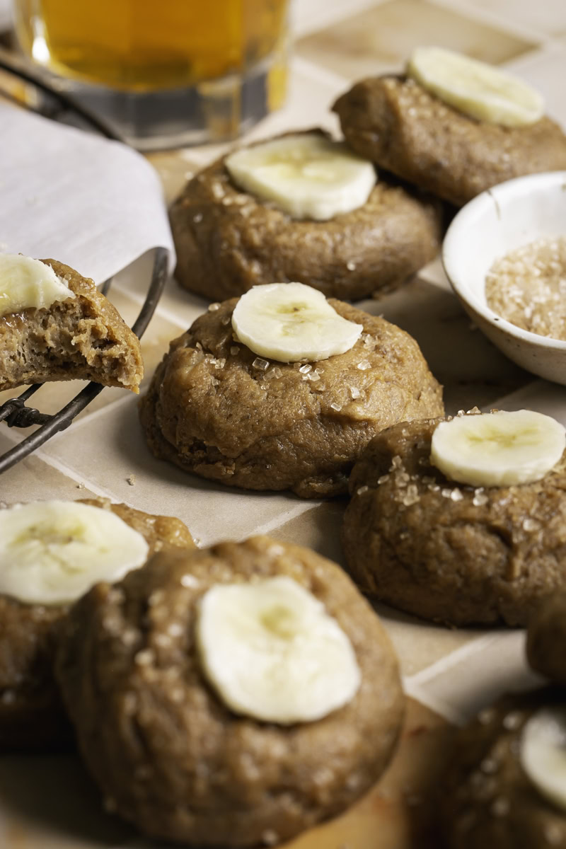 banana bread cookies with a slice of banana on top of them.