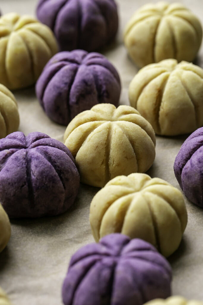 mashed potato balls in a pumpkin shape.