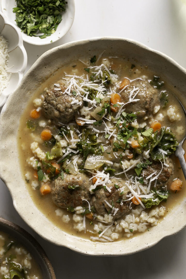 close up overhead shot of vegan italian wedding soup.
