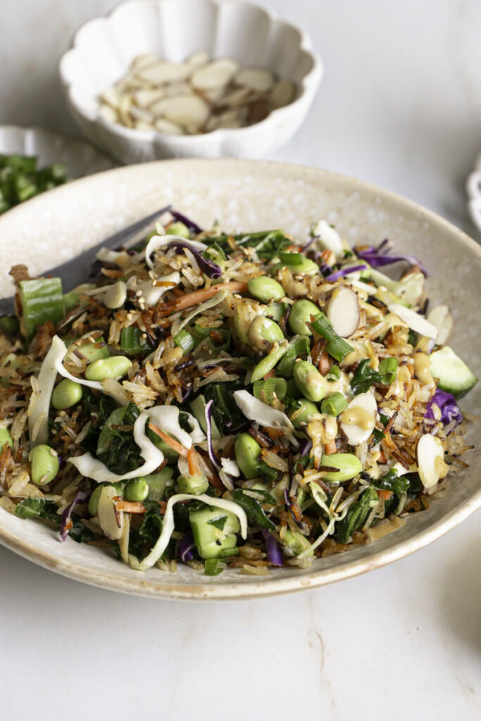 3/4 shot of Kale Edamame Crispy Rice Salad.