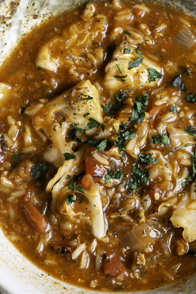 close up overhead shot of a bowl of vegan cabbage roll soup.