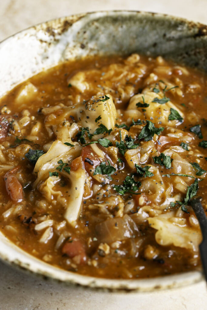 a close up of a bowl of vegan cabbage roll soup.