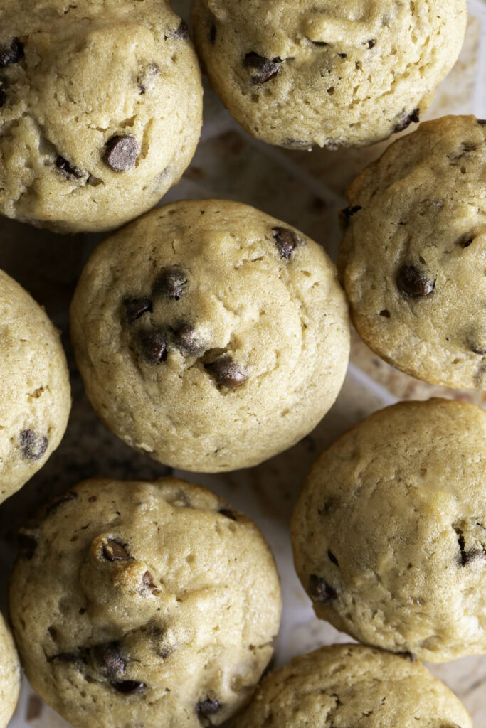 overhead shot of mini buckwheat flour chocolate chip banana muffins.