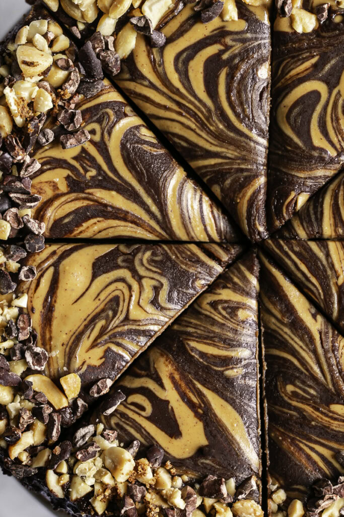 close up of the peanut butter chocolate swirl topping.
